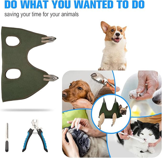 Kkiimatt 10 in 1 Dog Grooming Hammock Harness with Nail Clippers/Trimmer, Nail Hammock for Trimming, Grooming Sling Hange Holder for Extra Large Dogs (XXL/Under 120lb, Khaki Green)