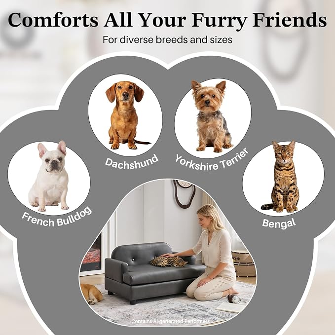 Luxury Dog Sofa Bed Elevated Pet Couch with Durable Waterproof Leather & Orthopedic Sponge - Modern Furniture Style Dog Lounge & Pet Bedside Step for Small/Medium Dogs/Cats, Gray
