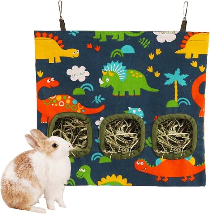 Rabbit Hay Feeder Bag for Cage Guinea Pig Timothy Hay Dispenser Storage Manger Hanging Large Less Waste for Bunny Guinea Pig Chinchilla (Dinosaur,Medium)