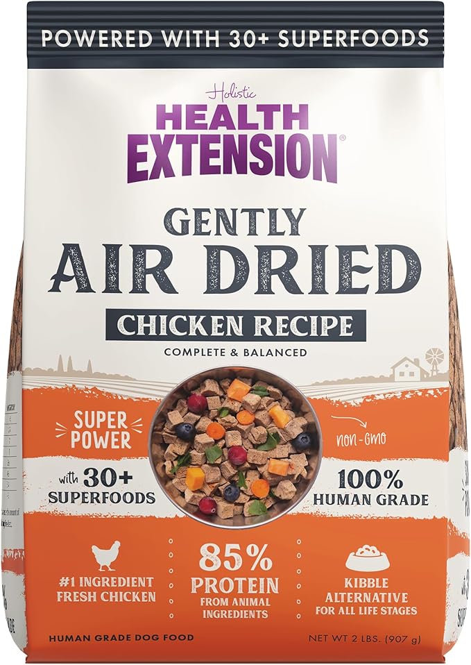 Health Extension Gently Air Dried Chicken Dog Food, (2lb, 907 g) – Complete & Balanced with 85% Animal Protein and 30+ Superfoods for All Life Stages
