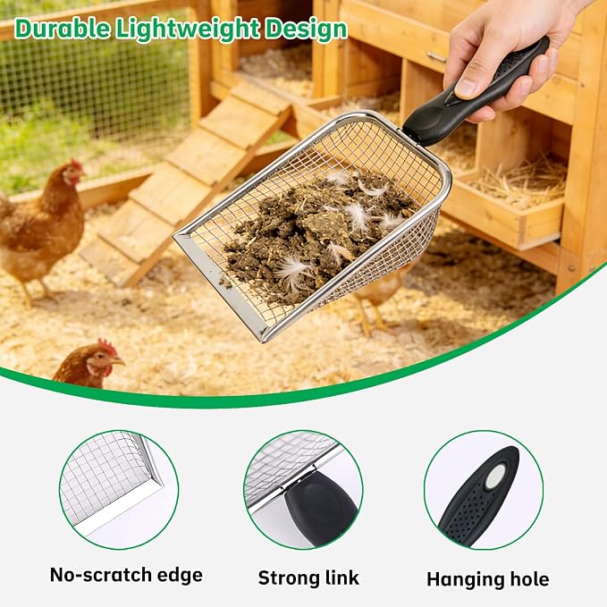 2 Pack Chicken Poop Scooper for Coop, Mesh Sifting Shovel with 3.8mm & 5mm Holes, 4" Metal Chicken Coop Rake and Scoop Cleaning Tool, Scooper Shovel for Sifting Sand, Litter, Chicken Supplies (4")