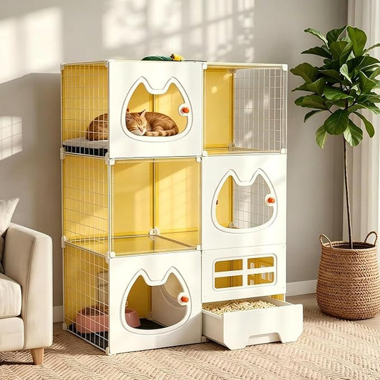 Cat Cage with Litter Box & Clear Door,Indoor Cat Cage Playpen,DIY Cat Enclosures Catio,Multi-Level Detachable Metal,Ferret Cage 42" x 18" x 28"