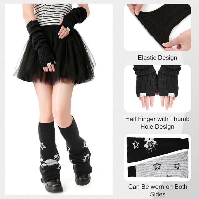 Y2k Leg Warmers for Women, Star Skull Leg Cover Kawaii Arm Warmers Beanie Cat Crochet Knitted Hats, Y2K Striped Alt Emo Dance Accessories