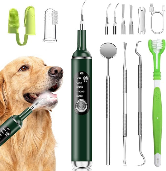 Dog Plaque Remover for Teeth,Pet Ultrasonic Tooth Cleaner with LED Light,Cleaning Kit for Tartar and Stains,5 Adjustable Modes,Pet Teeth Cleaning kit,Suitable for Dogs and Cats (Green)