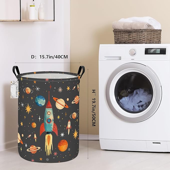 Storage Basket, Nursery Hamper Canvas Laundry Basket Foldable with Waterproof PE Coating Large Storage Baskets for Kids Boys and Girls, Office, Bedroom, Clothes,Toys(Space rocket)