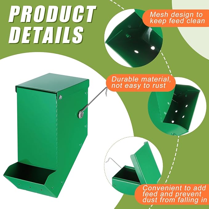 Maxcheck 2 Pcs Rabbit Feeder for Cages Small Animal Food Pellet Dispenser with Lid Metal Chicken Grit Oyster Shell Squirrel Feeders Outside(3.2 Inches,Mesh Bottom,Green)