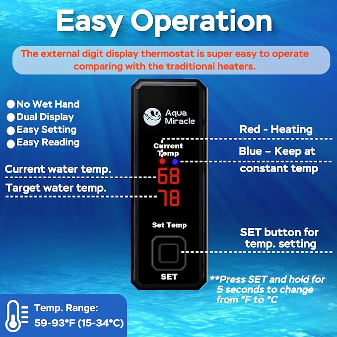 AquaMiracle 25W Small Aquarium Heater Fish Heater, Super Mini Fish Tank Heater Turtle Tank Heater for 3-5 Gal Tanks, with Dual LED Display, Dry-Run/Overheating Protection & Memory Function