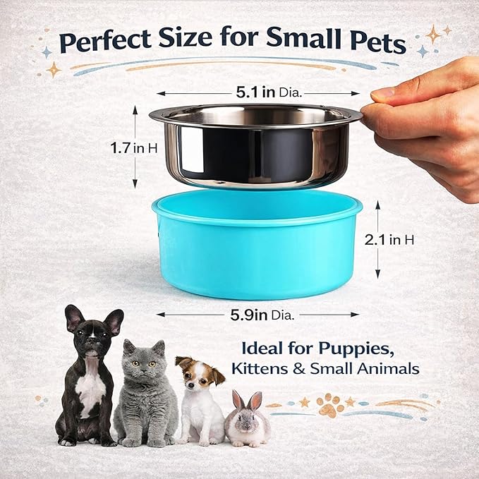 HERCOCCI 2Pcs Dog Crate Bowls, Hanging Removable Stainless Steel Food and Water Bowls for Puppies, Small Dogs, Cats, Rabbits & Ferrets (Blue, Green)