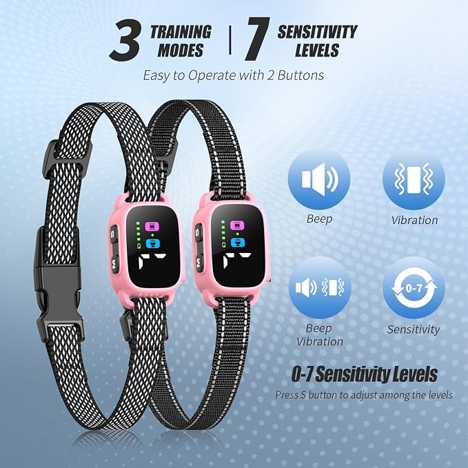 Anti Bark Collar for Small Dogs 2 Pack, No Shock Bark Collar with Beep & Vibration, 7 Sensitivity Levels, Rechargeable IP67 Waterproof Bark Collar for Small Dogs 5-30lbs, Pink