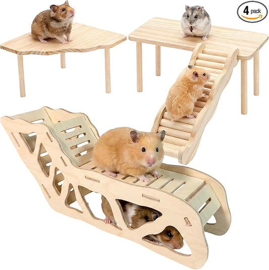 4 Pcs Hamster Platform Wooden Tunnel Ladder Hidden Play House Hamster Game Climbing Toy with Platform, Decor Toy cage Accessories for Dwarf Syrian Mice Degus Gerbils Squirrel and Other Small Pets