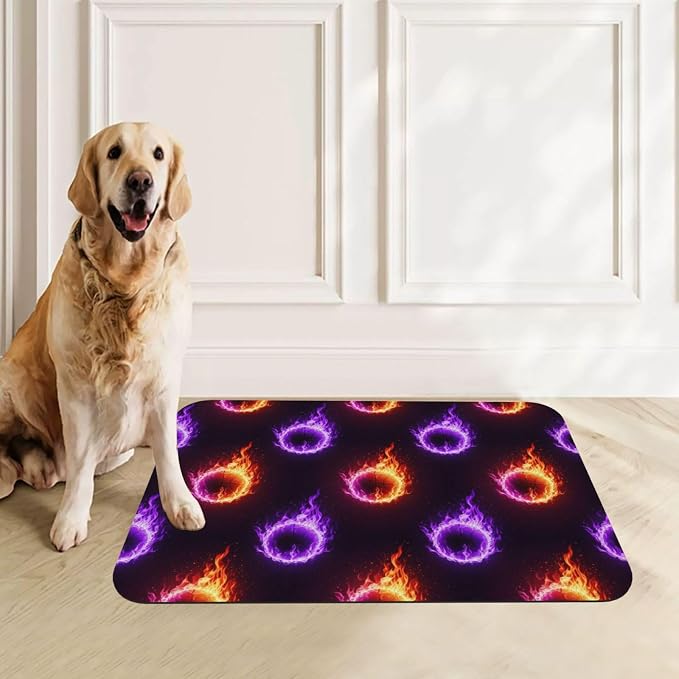 Dog Cat Food Mat Absorbent Placema Non Slip Rubber Backing Dog Food Mats for Floors, Cool Purple Fire Basketball Pet Supplies