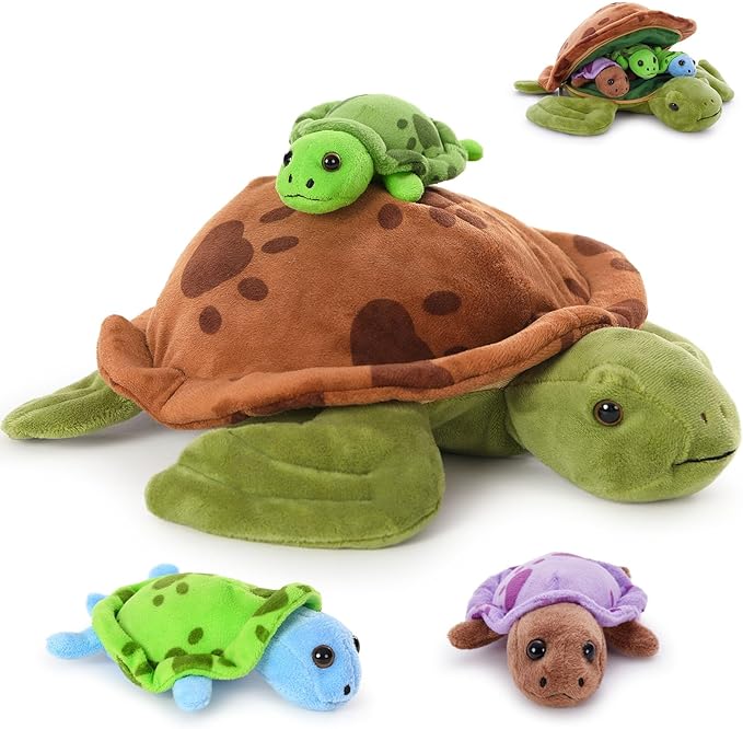 Muiteiur 4 Pcs Sea Turtle Stuffed Animals with Babies Inside, Soft 12.6 Inch Turtle Plush Toy with 3 Baby Turtles, Cute Ocean Stuffed Animals Gifts for Kids Boys Girls
