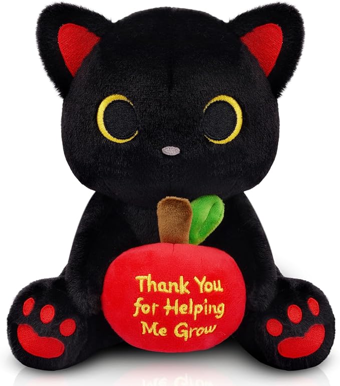 Black Cat Plush Holding Red Apple - Teacher Appreciation Gift Thank You for Helping Me Grow, 8inch Cute Stuffed Cat Plushie, Kawaii Toy Thank You Gift for Women Men Desktop Decor