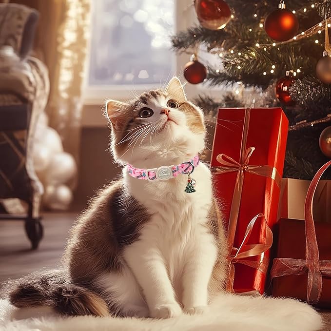2 Pack Christmas Cat Collars - Breakaway Cat Collar with Bell, Christmas Tree and Santa Pendant, Winter Adjustable Kitten Collars for Girl Boy Cats, Pink&Red