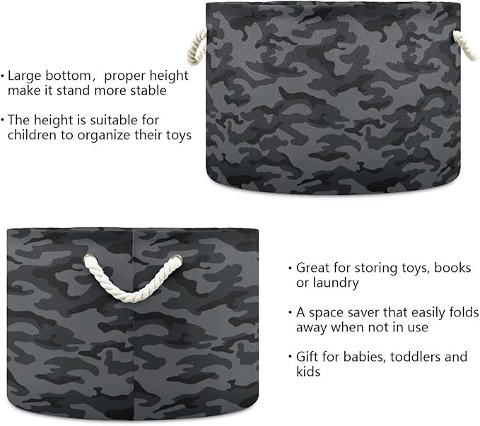 Black Gray Camo Print Round Storage Basket Military Camouflage Large Laundry Hamper 20 x 20 x 14 Inches Organizer Bin with Handles Clothes Storage Bag for Nursery Bedroom Living Room Decor