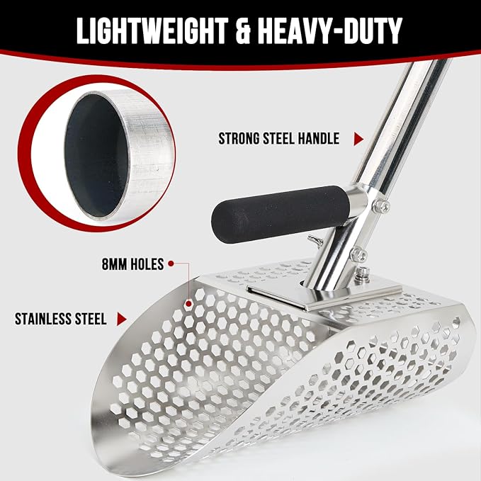 Sand Scoop for Metal Detecting, Stainless Steel Metal Detector Scoop with Long Steel Handle, Sand Sifter for the Beach, Metal Detector Accessories, Metal Detecting Shovel, Sand Flea Rake for Beach