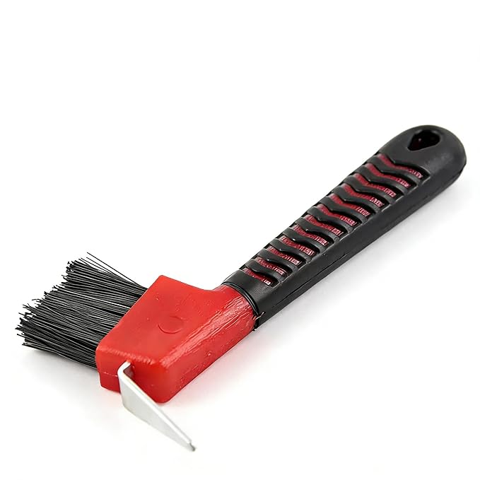 Horse Hoof Pick with Brush, 2-in-1 Hoof Pick for Horses with Soft Grip Rubber Handle, Grooming Brush Tool for Horse Grooming Supplies(Red)