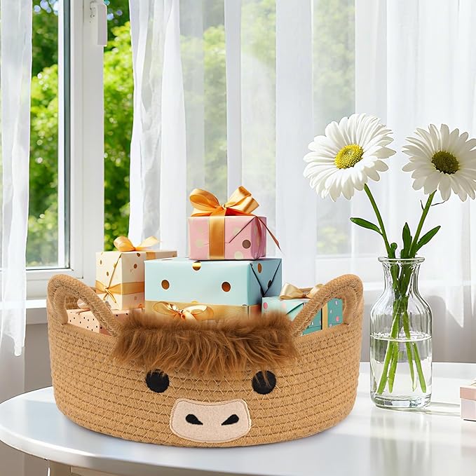 Oval Highland Cute Cow Basket for Nursery, Small Woven Gift Basket, Rope Cotton Storage for Gifts Empty, Baby Shower Blanket 0rganizer with Handles,Towel Decorative Bins, 12"D x 5"H in