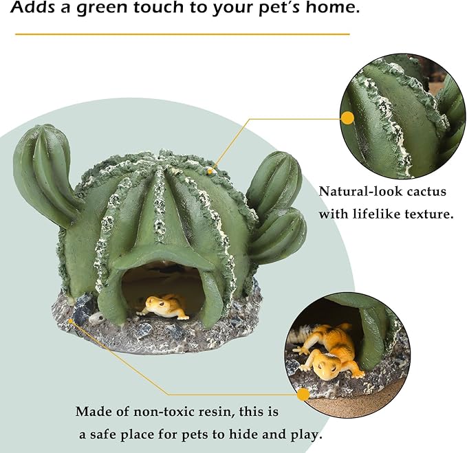 IBWell Resin Cactus Leopard Gecko Hide Reptile Cave，Desert Terrarium Décor，Bearded Dragon Hideout, Small Reptile Hide