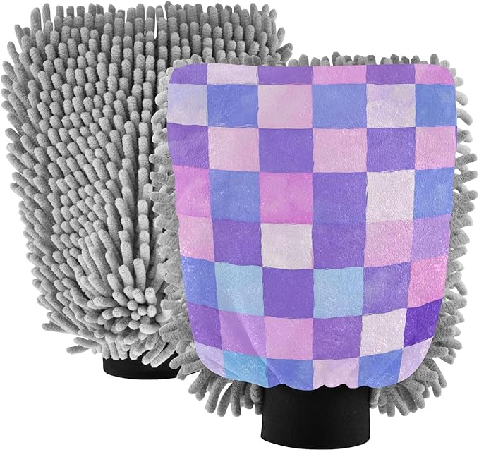 Car Wash Mitt Microfiber Wash Mitts for Car Washing Scratch-Free Cleaning Gloves Soft Non Absorbent Chenille Auto Hand Mitt Large 2Pack Purple Checkered