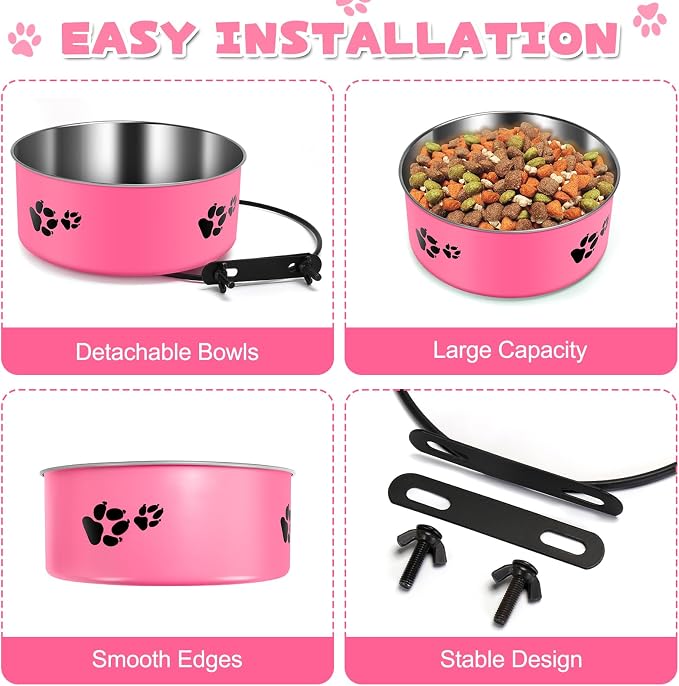 Pink Kennel Bowls Mountable Stainless Steel Crate Bowls No Spill Hanging Kennel Water Bowl with Clamp Holder 2 Sizes 7.08x2.83’’,6.3x2.63’ Hot Pink