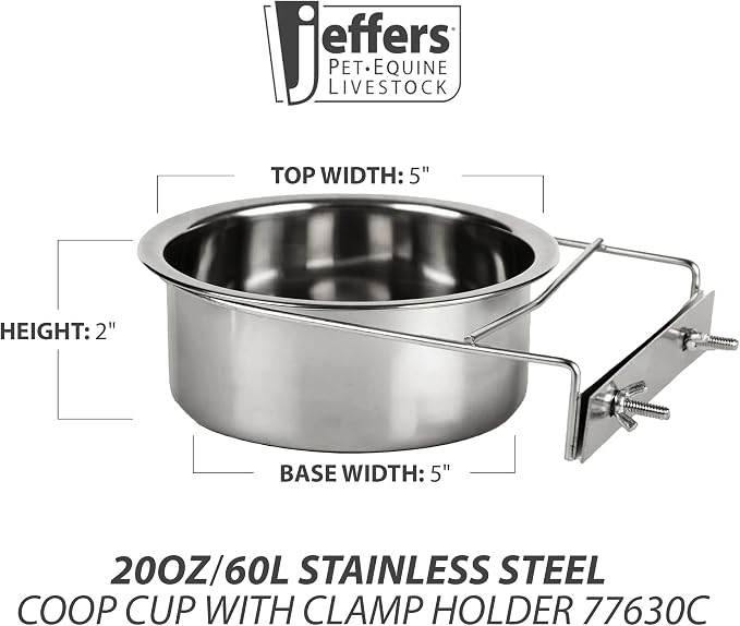 Jeffers Pet Stainless Steel Coop Kennel Cup with Screw On Clamp, 20 Oz – Durable, Rust Resistant Hangable Water & Food Feeder for Kennels, Coops & Cages - Chickens, Duck, Rabbits, Small Animals