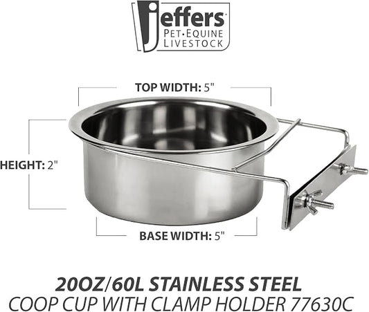 Jeffers Pet Stainless Steel Coop Kennel Cup with Screw On Clamp, 20 Oz – Durable, Rust Resistant Hangable Water & Food Feeder for Kennels, Coops & Cages - Chickens, Duck, Rabbits, Small Animals