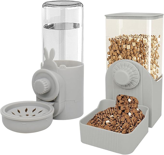 Gray Hanging Automatic Food Water Dispenser,Rabbit Feeder Guinea Pig Water Bottle Food Feeder for Ferret Guinea Pig Rabbit Bunny Cage Accessories,500ml/1600ml
