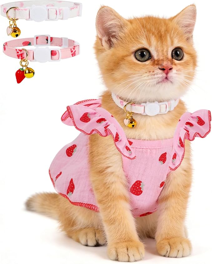 Strawberry Print Cotton Cat Dog Costumes with 2 Adjustable Collar with Bow, Kitten Outfits for Girl Cats, Pink White Pet Clothes for Small Dogs & Cats,S