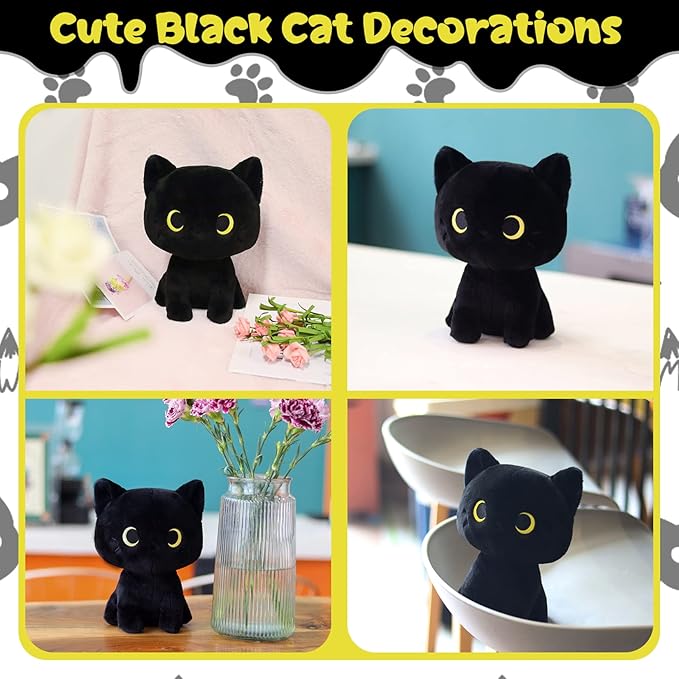 Black Cat Plush, 8inch Cute Cat Stuffed Animals Plushies for Girls, Kawaii Kitten Plushie Soft Cuddle Pillow for Kids, Birthday Gift for Kids Boys Girls, Easter Gifts