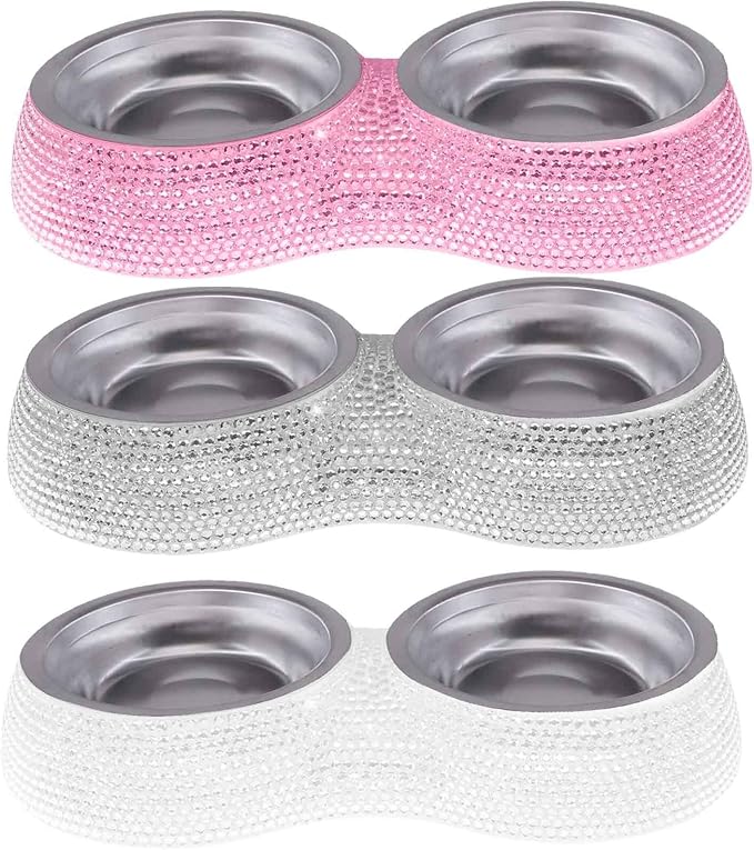 SAVORI Small Cat Bowls Pink, 320ML Handmade Bling Rhinestones Stainless Steel Pet Bowls Removable Double Food Water Feeder for Puppy Cats Dogs