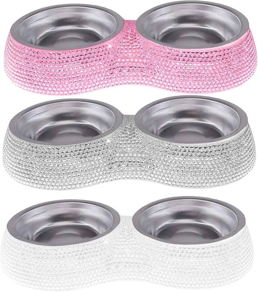 SAVORI Small Cat Bowls Pink, 320ML Handmade Bling Rhinestones Stainless Steel Pet Bowls Removable Double Food Water Feeder for Puppy Cats Dogs
