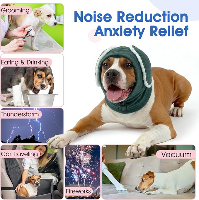 Dog Ear Muffs Noise Protection - Adjustable No Shake Ear Wraps, Warm Dog Calming Hoodie with Sound-Absorbing Pads, Anxiety Relief, Dog Ear Covers for Firework, Grooming, Travel (Green, M)