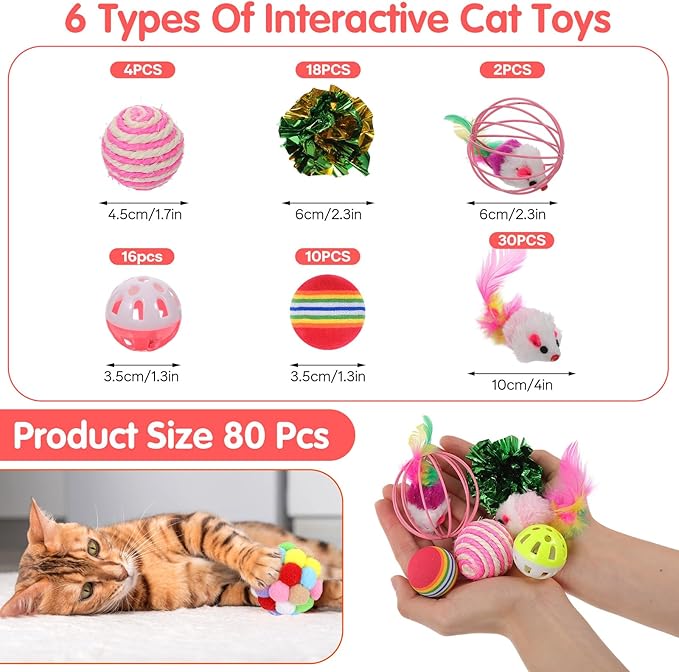 80 Pcs Cat Toys Bulk Kitten Toys Pack with Caged Rat Ball, Colorful Mice, Crinkle Balls, Rainbow Ball, Sisal & Bell Balls, Interactive Variety for Indoor Cats