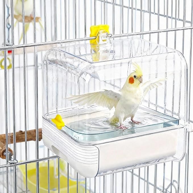 Hanging Bird Bath for Cage, with Wood Perches, Bird Cage Accessories for Small Medium Birds Lovebird, Parakeet, Cockatiel, Essential Bird 7.3" x 7.3" x 8.2" (White)