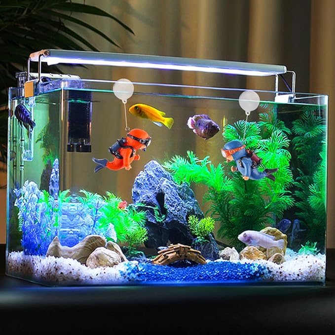 Gift Wrapped 2 Pack Fish Tank Decorations, Cute Diver Aquarium Ornaments Decor Toy with Funny Floating Device Aquarium Accessories for All Kinds of Fish and Aquatic Pets (2Pcs Blue G)