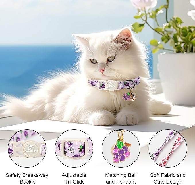 2 Pack Summer Cat Collars - Lavender GRAP & Pink Watermelon Breakaway Safety Cat Collars, Adjustable Soft Boy Girl Kitten Collar for Small Dogs Puppy, Cute Pet Collar with Bell & Pendant