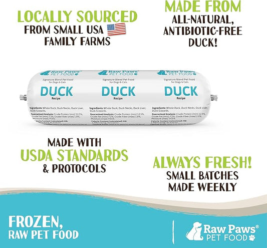 Raw Paws Signature Blend Pet Food for Dogs & Cats - Duck Recipe, 3-lb Rolls (6 Pack) - Fresh Pet Food Made in USA - Natural Rolls - Raw Frozen Duck Dog Food - Raw Dog & Cat Food