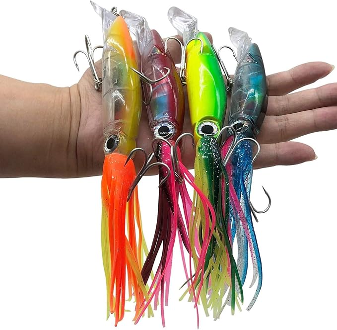 4Pcs Large Simulation Squid Fishing Lures Bait Kit,3D Holographic Eyes，Built-in Multicolored Lead Blocks Through Heavy Duty ，Stable and Tempting