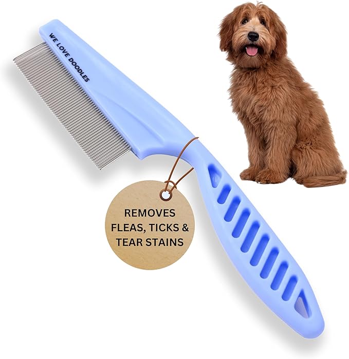 Dog Face Comb, Flea Comb for Dogs, Fine Tooth Tearstain Remover Metal Comb, Removes Crust, Mucus, and Stains, Face Brush for Poodles & Other Breeds, Grooming Brush for Pets, Small [We Love Doodles]