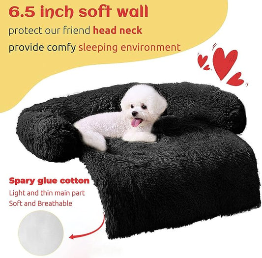 HACHIKITTY Calming Pet Sofa Bed Mat, Washable Fluffy Couch Cover for Dogs and Cats, Anti-Slip Bottom (37"x 33"x 6", Black)