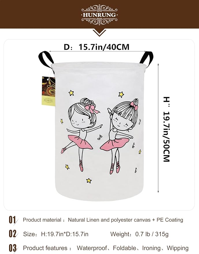 Collapsible Fabric Storage Basket, Waterproof Laundry Hamper with Handles, Round Storage Bin for Clothes Toys, Foldable Organizer for Bedroom Nursery Bathroom(Round-Dancing girl)