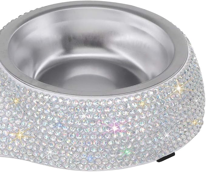 SAVORI Small Dog Bowls, Handmade Bling Rhinestones Stainless Steel Pet Bowls Double Food Water Feeder for Puppy Cats Dogs Cats (AB Color-320ml)