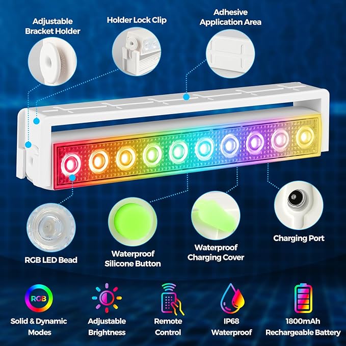 BOBKID Rechargeable Pool Lights for Inground Above Ground Pool, IP68 Waterproof Underwater Submersible Light with Remote, 7 RGB Color LED Light for Pond Bathtub Aquarium Garden Decoration, 4 Pack