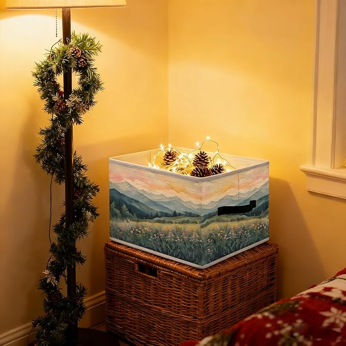 Abstract Boho Mountains Floral Storage Bins, Wildflower Nature Landscape Foldable Closet Organizers Storage Basket Toybox for Clothes Bed Sheets Blankets Toys