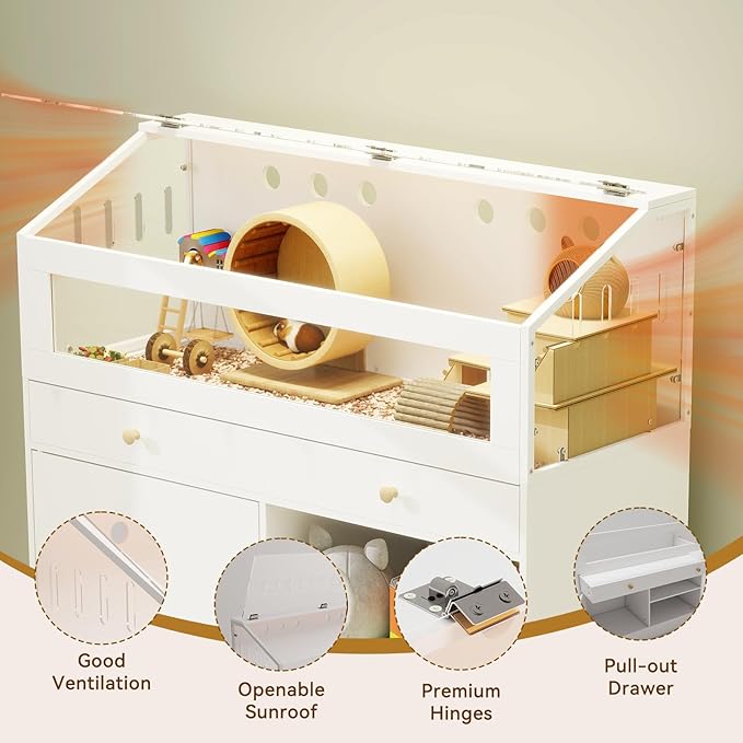 Hamster Cage with Storage Cabinet Small Animal Cage, Easy View Acrylic Panels, Large Habitat for Hamsters, Guinea Pigs, Rabbits, Hedgehogs