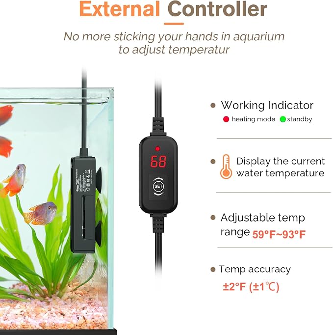 hygger Mini Fish Tank Submersible Heater 75W for 10-15 Gallons Small Betta Aquarium Heater with Digital Display Controller Adjustable Temperature