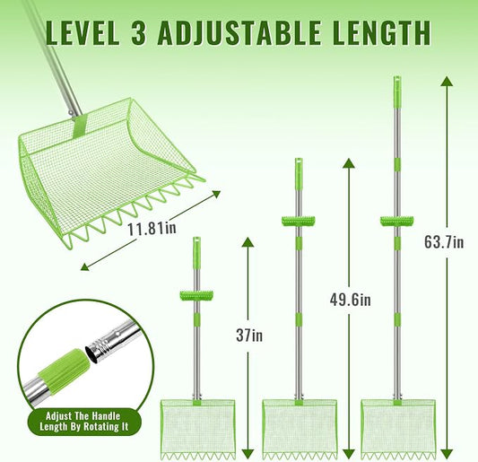 2-in-1 Chicken Coop Scooper: Extra Large 12” Poop Scooper & Rake with Adjustable Handle (37”-65”) | Heavy-Duty Metal Shovel for Quick Pet Waste, Rabbit, Guinea, Barn Cleaning | US Patent Pending,Green