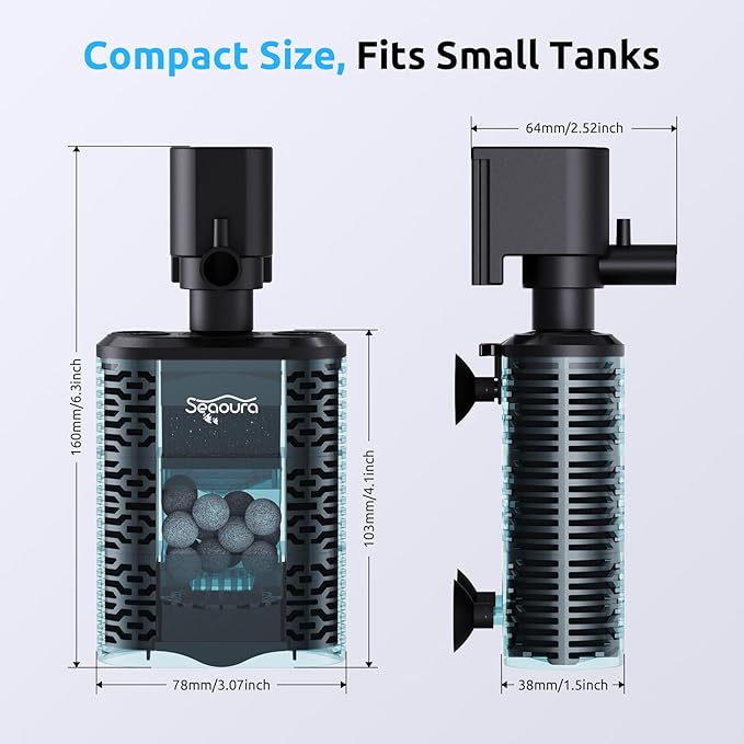 SEAOURA Aquarium Internal Filter，Small Submersible Aquarium Filter ， Aquarium Quiet Electric Filter for 5-15 Gallon Aquariums，Aeration System 100GPH Water Pump