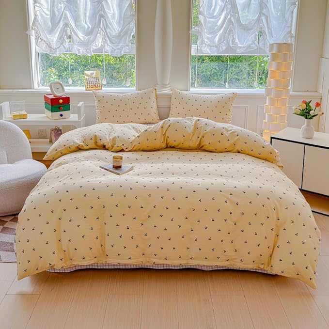 BlueBlue Cherry Duvet Cover Set Twin 100% Cotton Soft Lightweight Gauze Bedding Dark Gray Black Cherry on Cream White 1 Fruit Comforter Cover 2 Pillowcases (Twin)